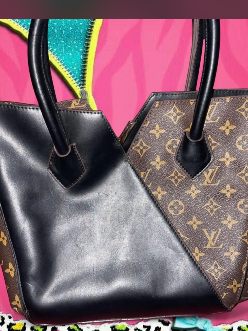 Louis Vuitton Brown Monogram & Black Leather Tote - Picture 3 of 7